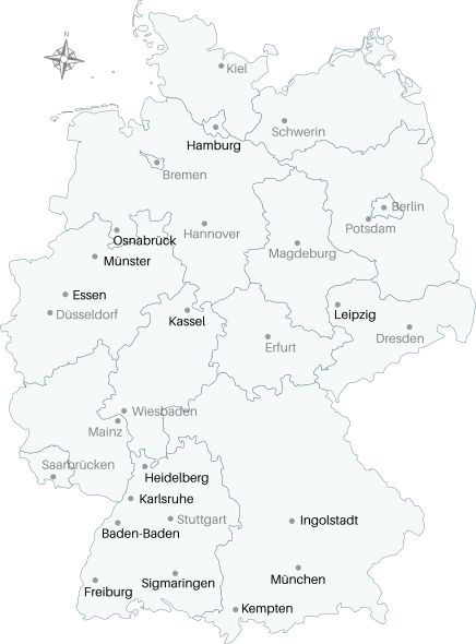 Deutschlandkarte mit Markern an den Orten Essen, Freiburg, Ingolstadt, Kassel, Leipzig, Münsterland und Sigmaringen